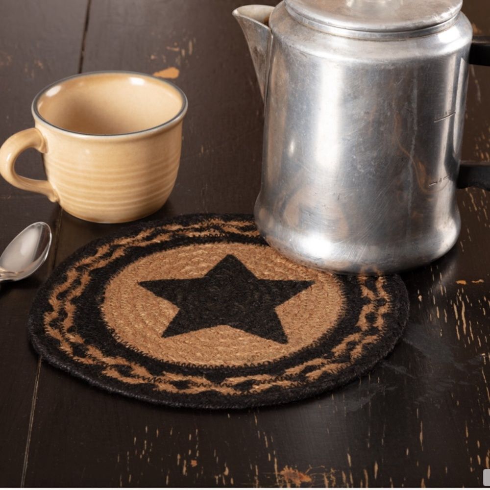 Primitive Black Star Jute Braided 8 Inch Table Trivet Farmhouse Country